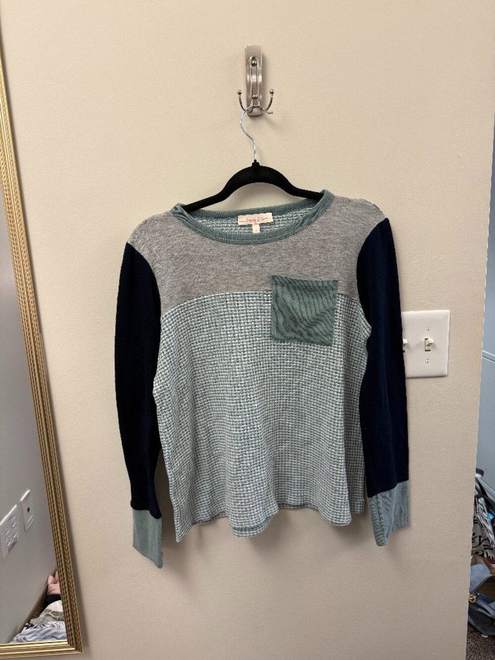 long sleeve top with blue and white pattern